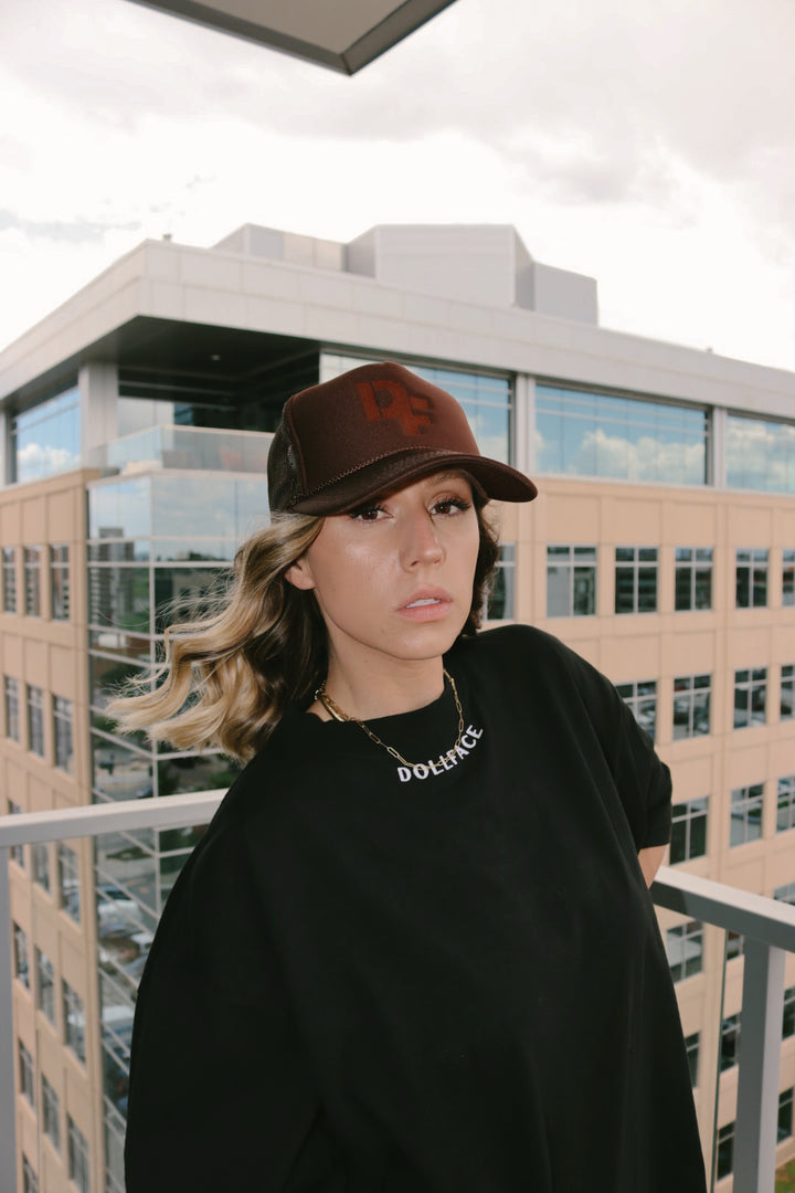 Dollface Brown Trucker Hat & Black Oversized Drop Shoulder Tee